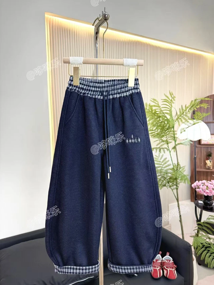 秋冬一体绒加厚丹宁风韩系针织牛仔撞色脚口格纹秋季百搭弯刀中性