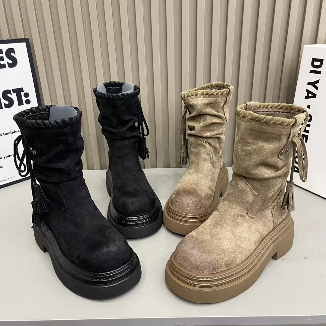 春秋款复古绒面废土风流苏骑士靴粗跟不过膝长筒靴显瘦堆堆西部靴