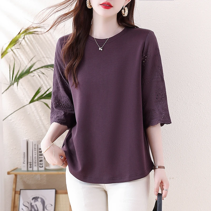 时尚胖妹妹七分袖t恤2025新款夏季镂空绣花圆领大码宽松显瘦上衣
