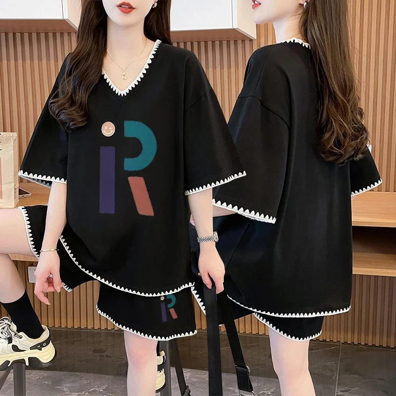 夏季百搭纯棉V领短袖T恤短裤两件套女2025新款宽松休闲运动服套装