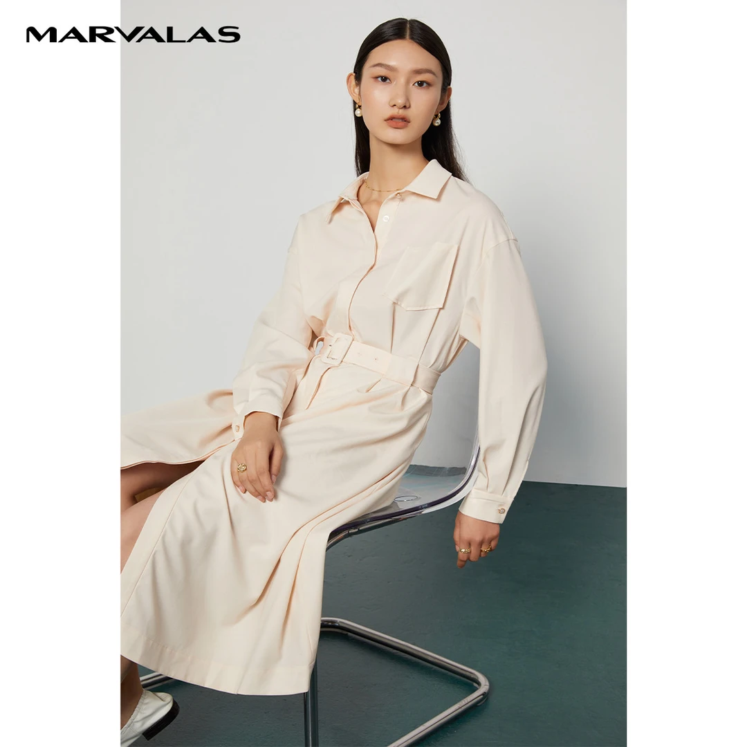 【小熊专属】D530087衬衫连衣裙中长款春季收腰开叉OL气质仙女裙