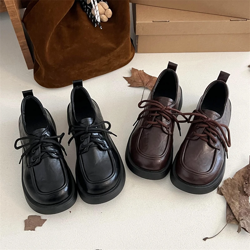 【mb】厚底黑色乐福鞋女2025新款秋配裙子玛丽珍单鞋系带百搭皮鞋