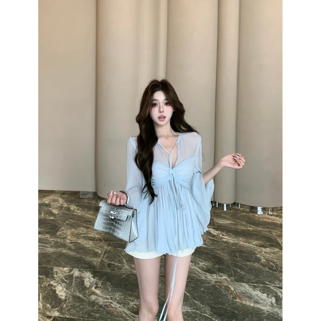 法式粉色长袖雪纺衬衫女夏季温柔风宽松衬衣chic独特薄款气质上衣