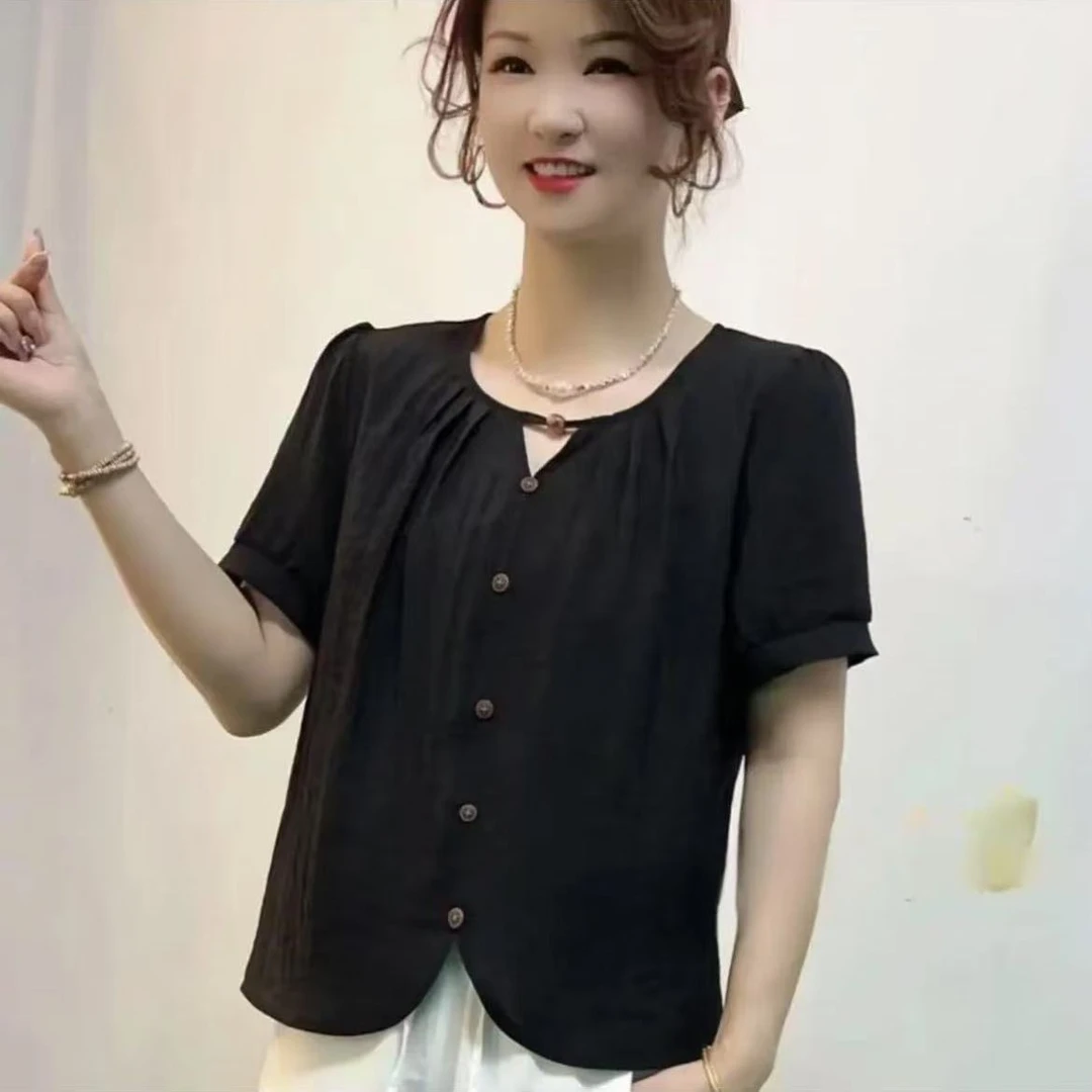 夏季新款法式小众圆领短袖上衣气质显瘦减龄休闲百搭女士上衣0527