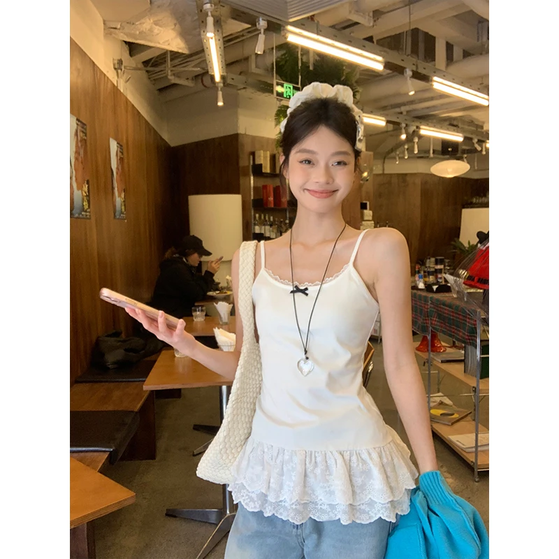 宋正恩白色蝴蝶结吊带背心女春季蕾丝花边下摆修身叠穿内搭小上衣