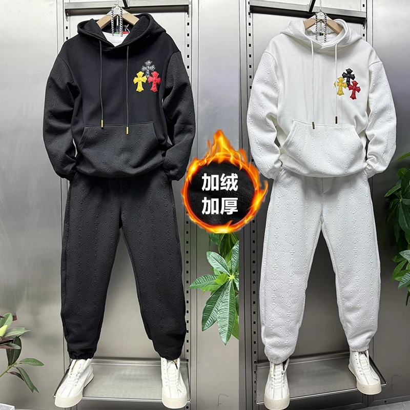 加绒加厚套装男时尚潮牌连帽卫衣卫裤两件套休闲运动束脚长裤整套