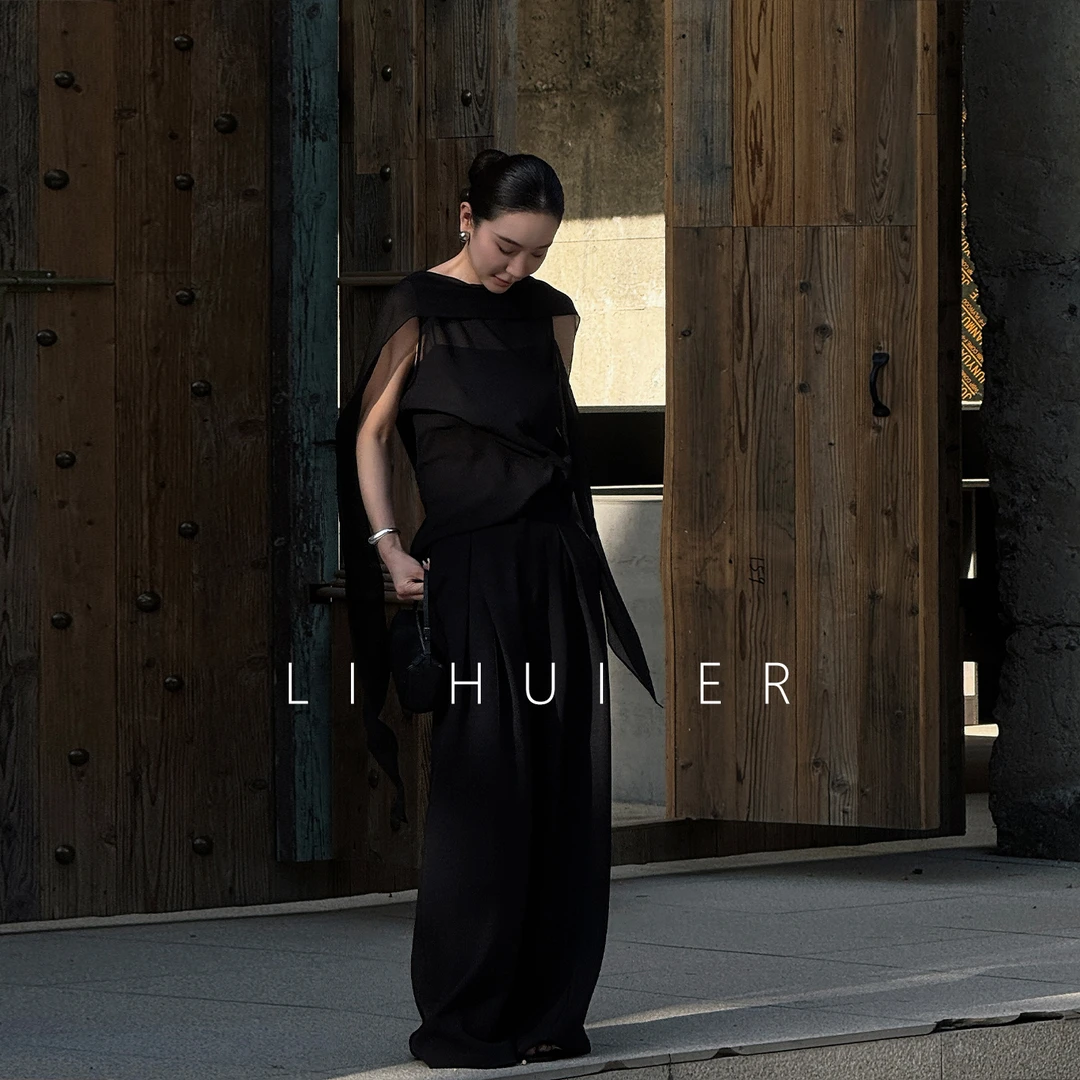 LiHuiEr李慧儿【夜蝉】2025显瘦高级气质设计黑色叠褶直筒裤JYFY015