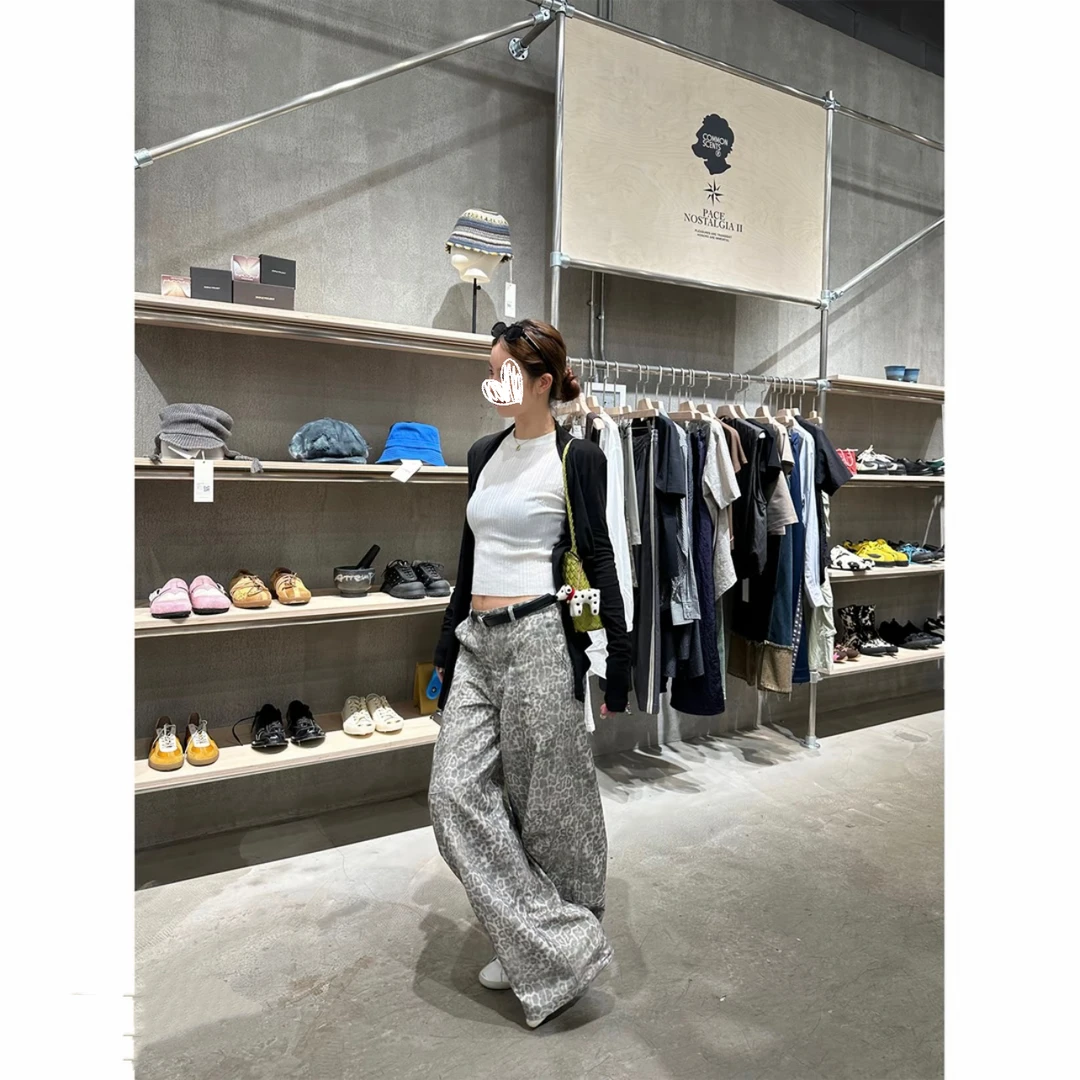 新款宽松直筒高腰豹纹裤女韩系设计感显瘦弯刀阔腿休闲裤8999