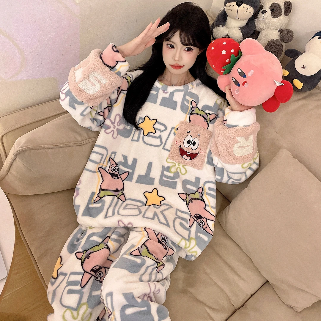 冬季胖MM女士法兰绒睡衣可爱卡通加肥加大码200珊瑚绒家居服套装