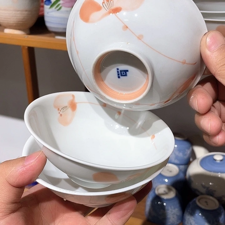 紫砂2全新白山陶器内外彩绘碗三只，釉下小窑点