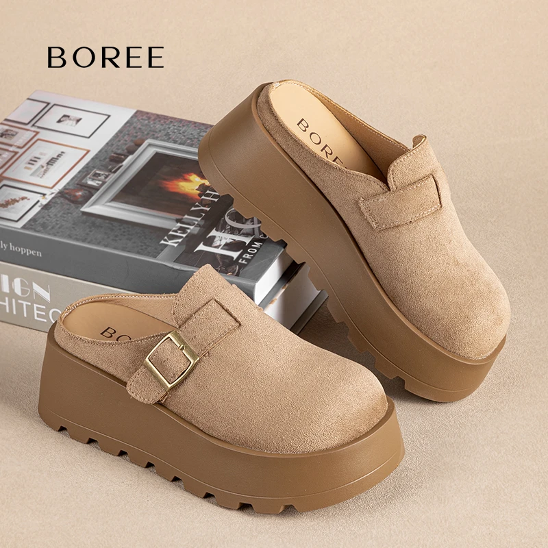 Boree/宝人勃肯拖纯色复古搭扣时尚高跟包头款休闲风半拖休闲