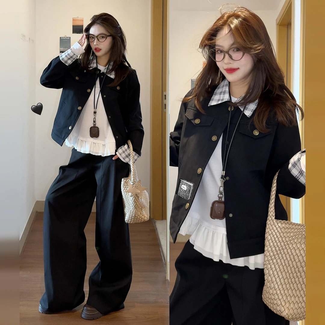 【现货+运补】美式复古格纹翻领夹克春秋季爆款好看黑色工装7090