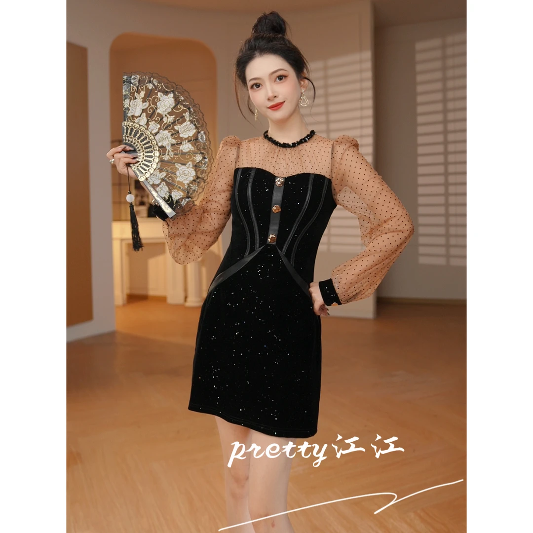 Pretty小众设计师品牌江江定制 拼接静奢风轻奢优雅连衣裙21936