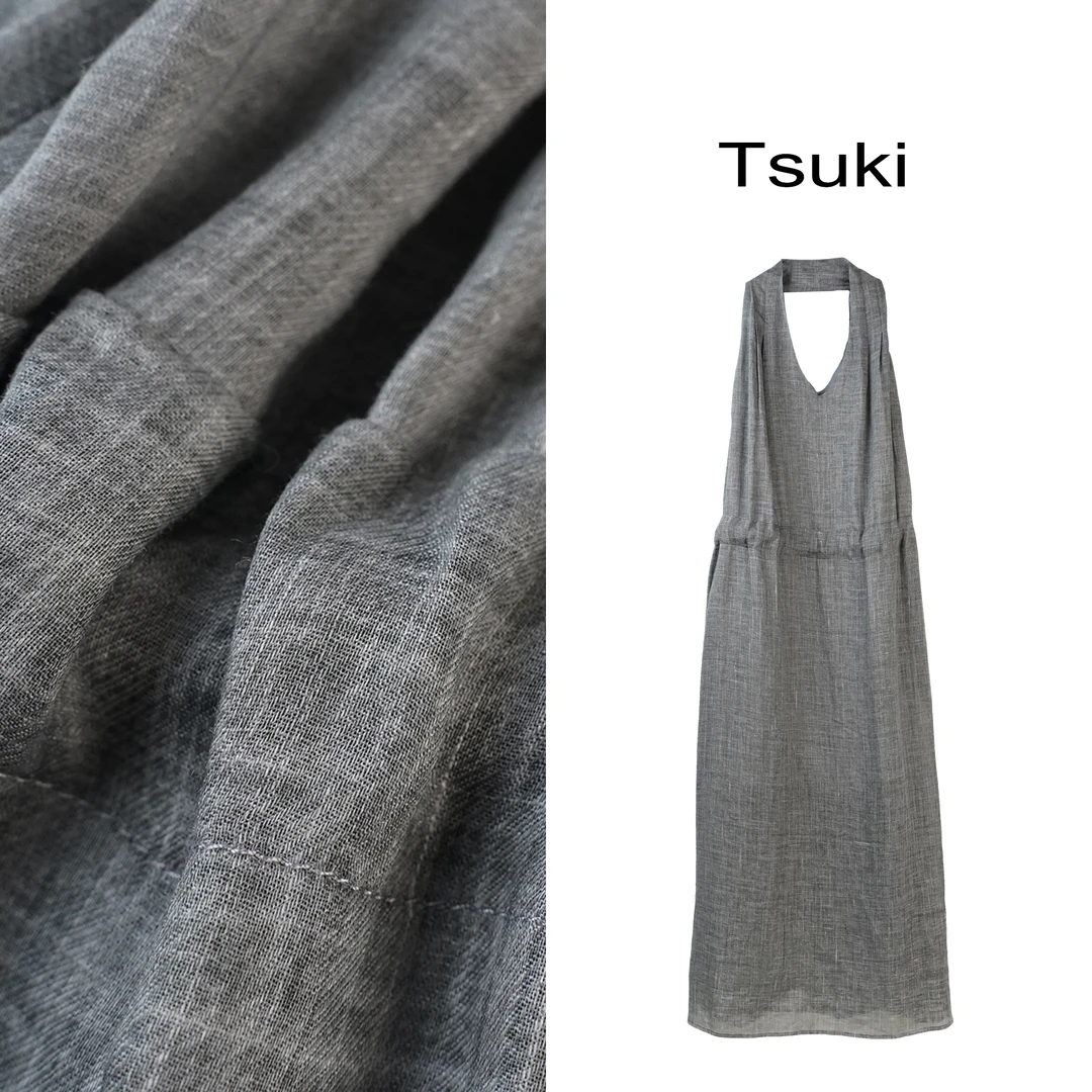 Tsuki 丝苎麻无袖V领挂脖连衣裙 NL659XL370