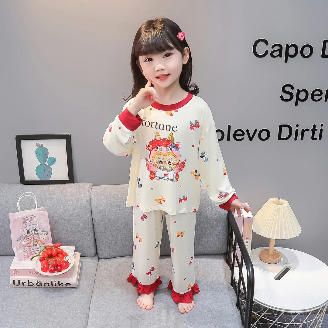 儿童睡衣女童春秋莫代尔长袖薄款拉布布女孩宝宝空调房家居服套装