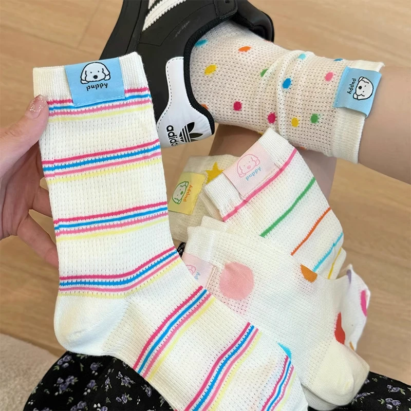 中筒袜子女夏季薄款镂空网眼透气卡通可爱风布标小狗多巴胺长筒袜
