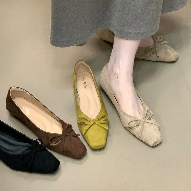 2025新款绒面通勤工作女鞋蝴蝶结百搭浅口单鞋女配裙子