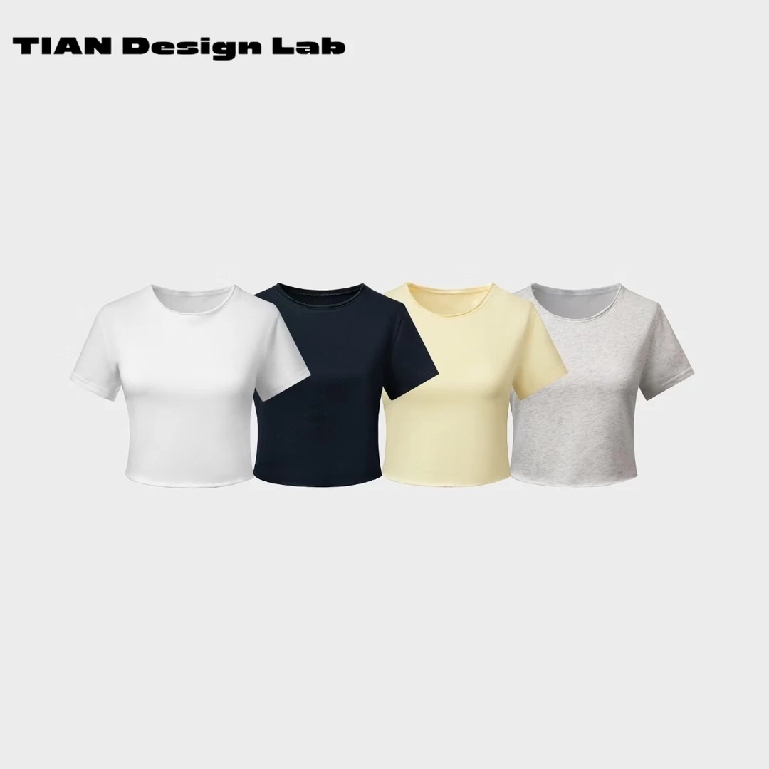 Tian design lab短袖卷边T恤女夏季露脐短袖上衣
