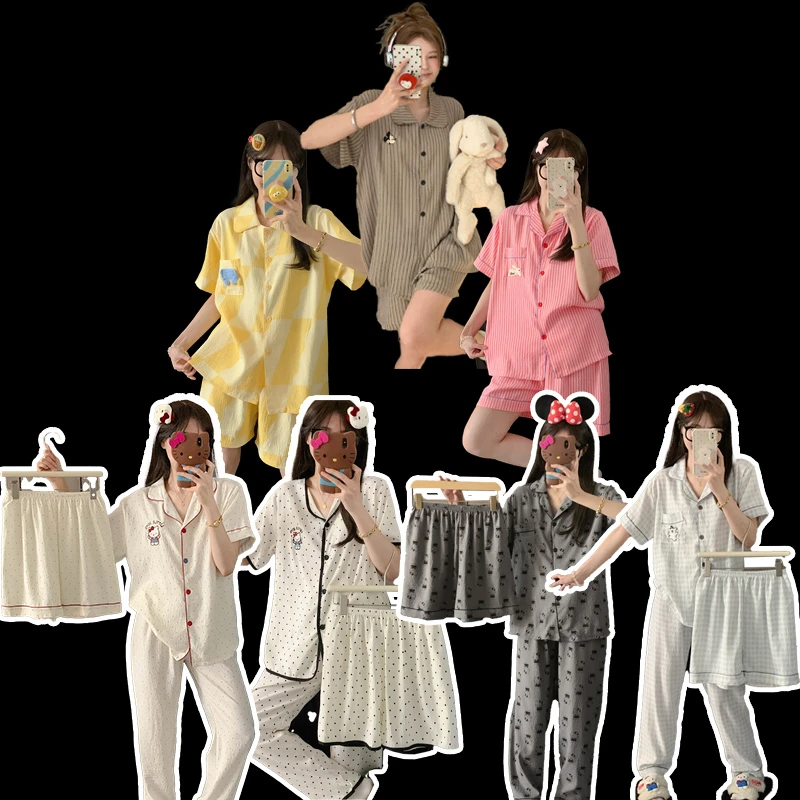 【短袖细纱绵】云朵绵夏天短袖长裤三件套夏季可爱睡衣女学生家居服