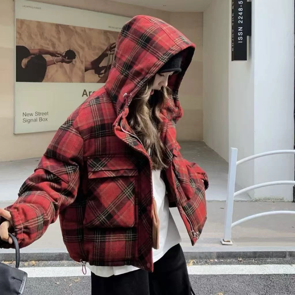 爆款超好看复古呢料红色格子连帽羽绒服女2025新款加厚白鸭绒外套