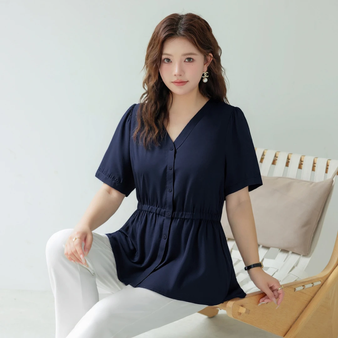 【人棉法式衬衫】MsShe大码女装2025款夏装显瘦V领小衫上衣C2507005