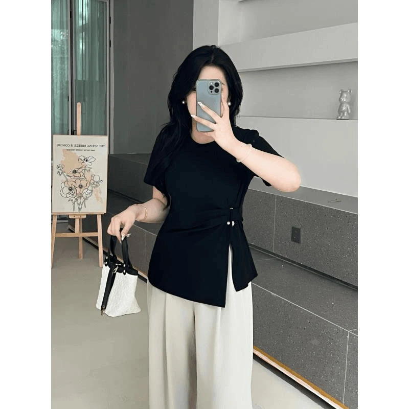 现货【嘎嘎】胖MM新款短袖t恤2025夏季大码遮肉显瘦气质高级感上衣