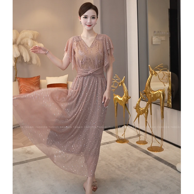 2025夏季新款【LT-1098】法式轻奢扭结粉色亮片网纱V领显白连衣裙子