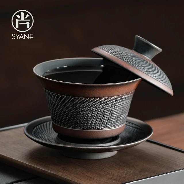 悬停盖碗单个高档紫砂泡茶三件套高档陶瓷茶碗防烫手工功夫茶盖碗