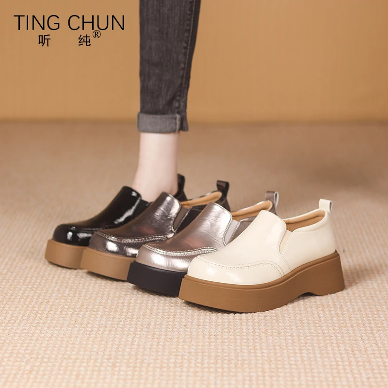听纯8812秋季真皮复古乐福鞋厚底英伦百搭平底女鞋一脚蹬单鞋