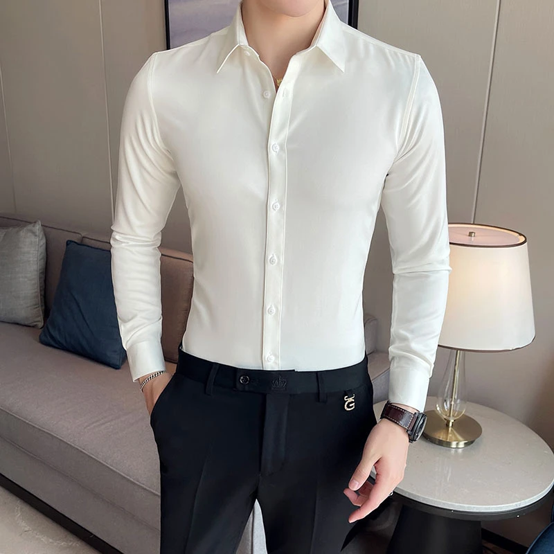 男士大码白色衬衫潮流长袖装修身黑色英伦风商务职业结婚帅气衬衣