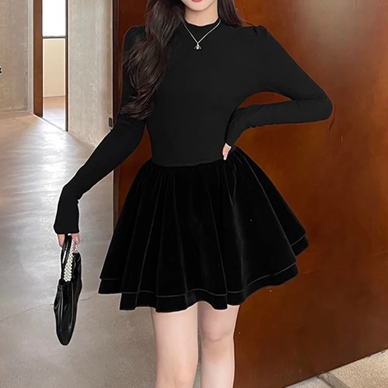 【蓬蓬裙】赫本风黑色圆领a字连衣裙女少女打底显瘦修身小黑裙