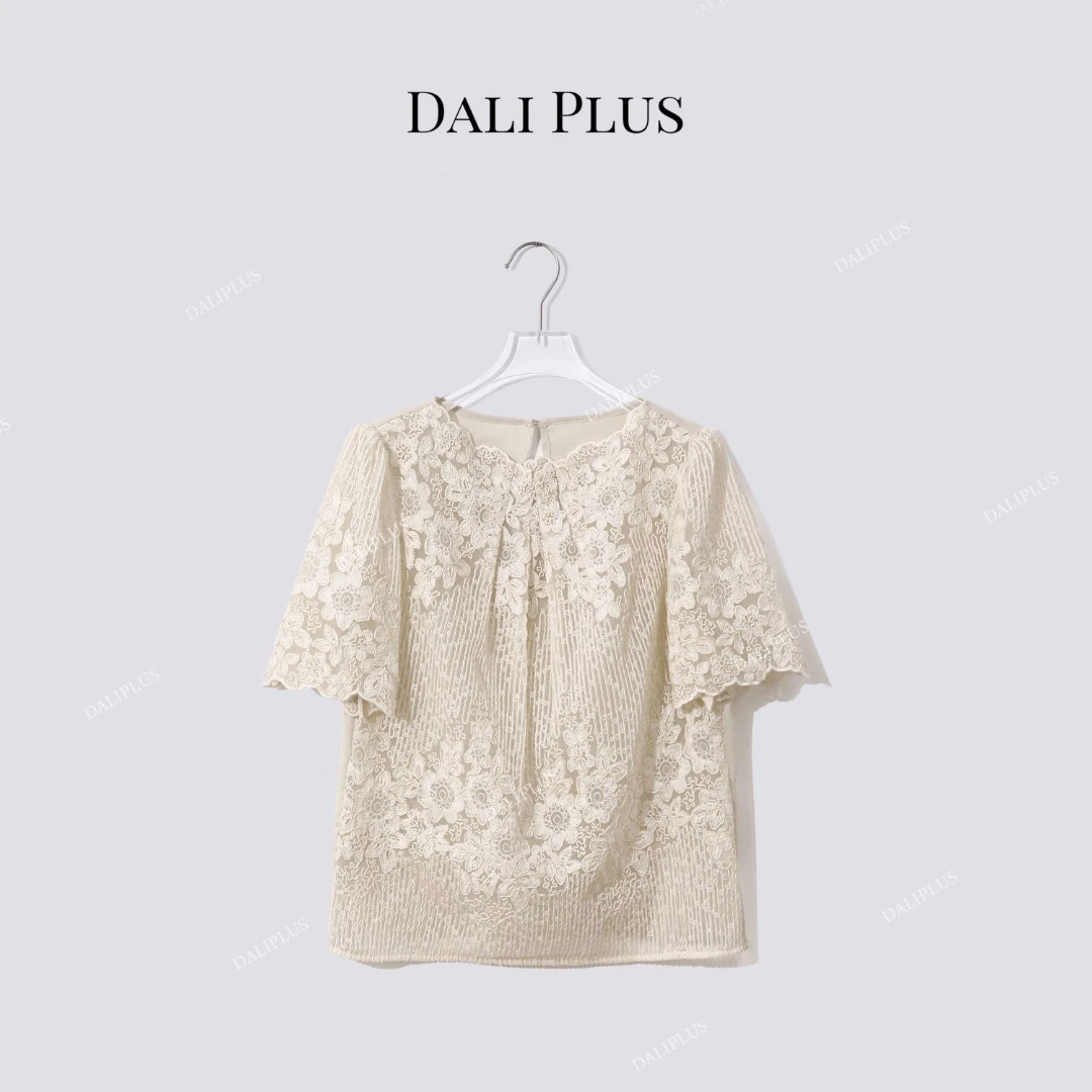 DALI PLUS“钩花刺绣上衣”重磅桑蚕丝亚麻棉短袖衬衫-D5LT2111