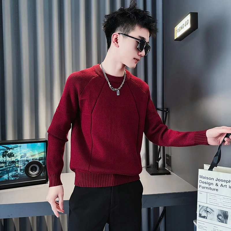 男士本命年红色毛衣秋冬款潮牌修身圆领针织男生内搭打底线衫外套