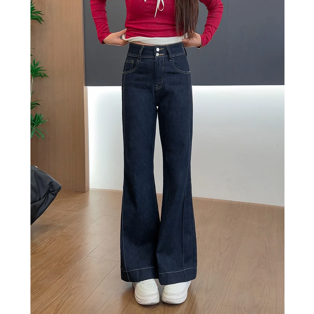 010丹宁蓝微喇牛仔裤女2025春秋季新款高腰显瘦小个子弹力喇叭裤