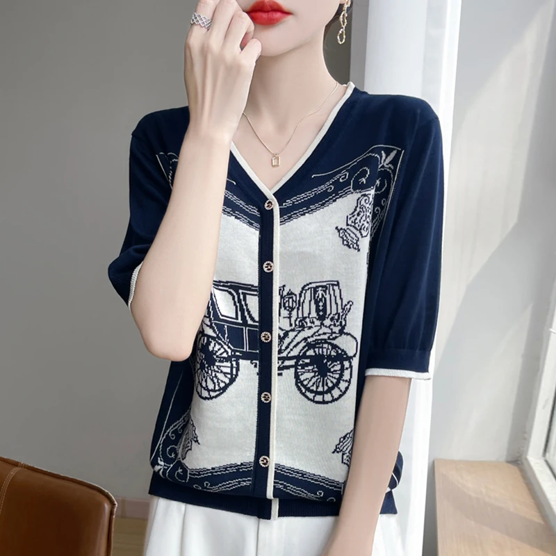 V领提花短袖t恤女夏季2025新款打底衫洋气大码女装冰丝针织上衣