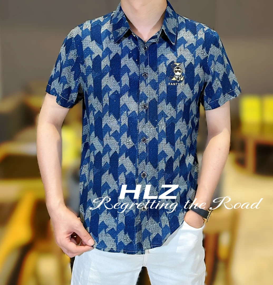 2025夏季新款男士时尚休闲薄款个性满身千鸟格纽扣款翻领短袖衬衫