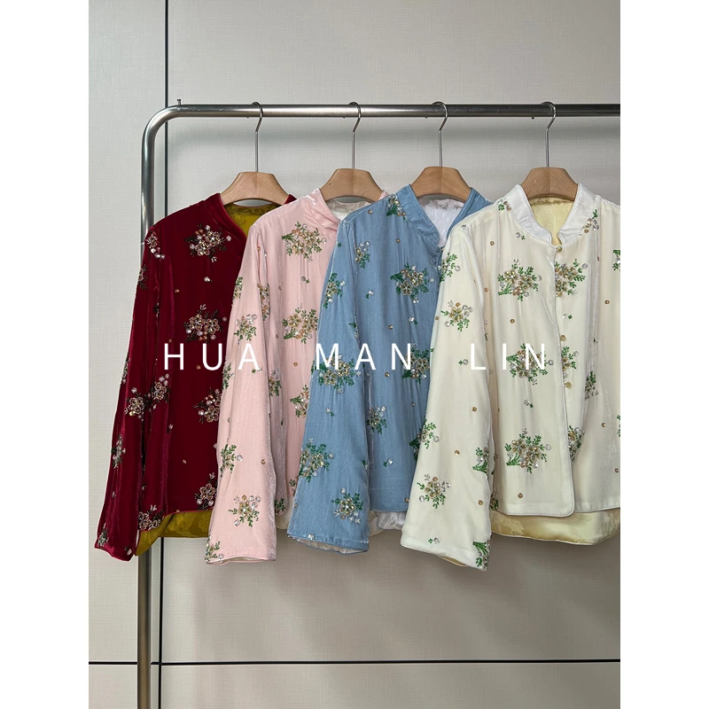 【花满林】四色立领正门襟重工钉珠刺绣真丝桑蚕丝丝绒外套87545
