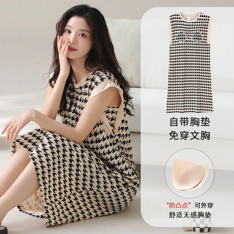 夏季新款带胸垫睡裙女坎肩无袖薄款宽松甜美网红爆款千鸟格家居服