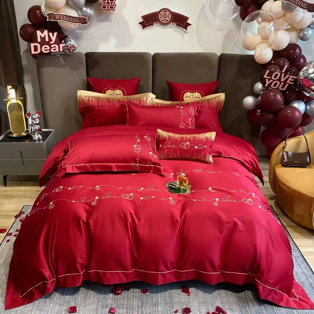 【专柜清仓】xy大红色婚庆刺绣高支四件套-心心相印