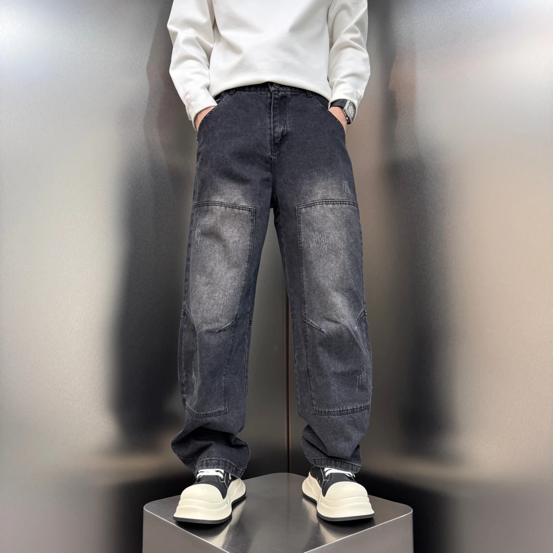 2025春季新款拼接牛仔裤潮流水洗蓝色痞帅拖地裤男士直筒阔腿裤子