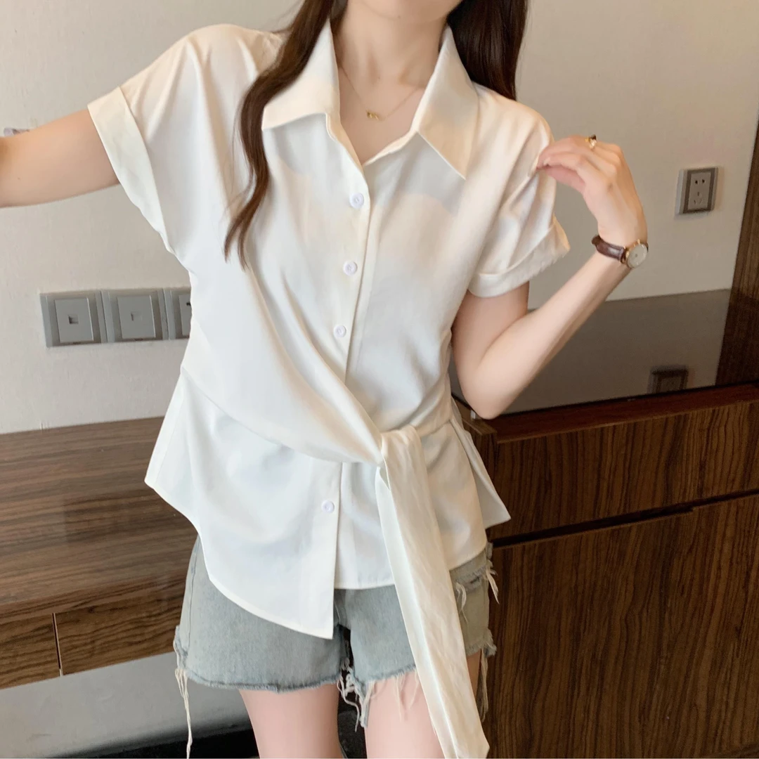 设计感绑带收腰短袖衬衫女夏季大码胖妹妹衬衣百搭显瘦遮肚子上衣