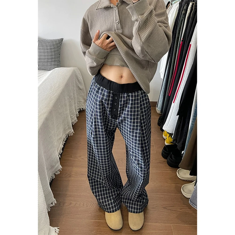 美式蓝色格子裤男款夏季薄款阔腿裤男宽松慵懒风裤子直筒休闲裤女