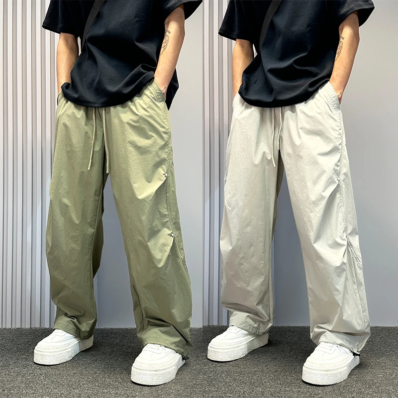 裤子男夏季薄款设计感双皱休闲裤痞帅潮宽松军绿色直筒收脚工装裤