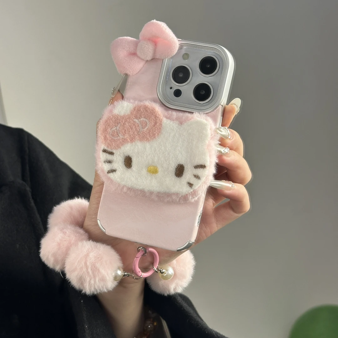 毛绒粉凯蒂雪山挂链适用华为OPPO荣耀VIVO小米苹果16手机壳iPhone
