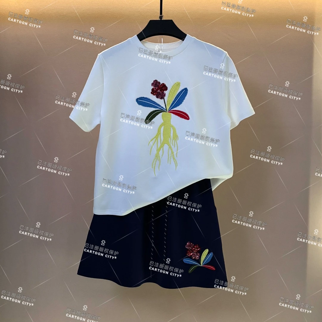 编码WMA-A94丨<刺绣卡通参>宽松版夏季T恤短裙休闲套装