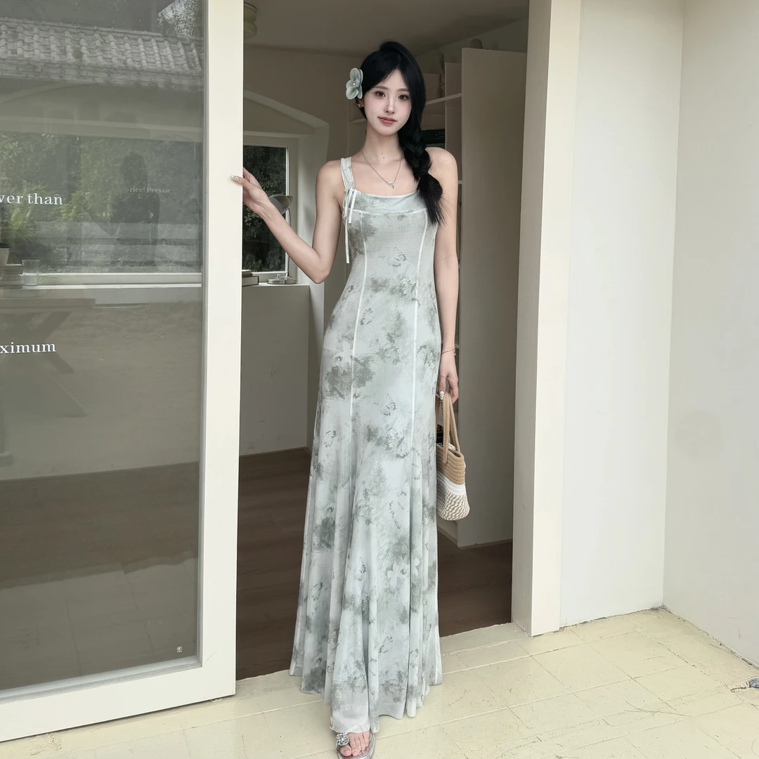 TITI 春季新款宽窄肩带44网纱碎花裙设计款吊带连衣长裙女