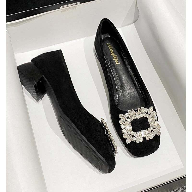 法式粗跟低跟水钻方头单鞋女2025新款春夏季大码女鞋41-43宽肥脚