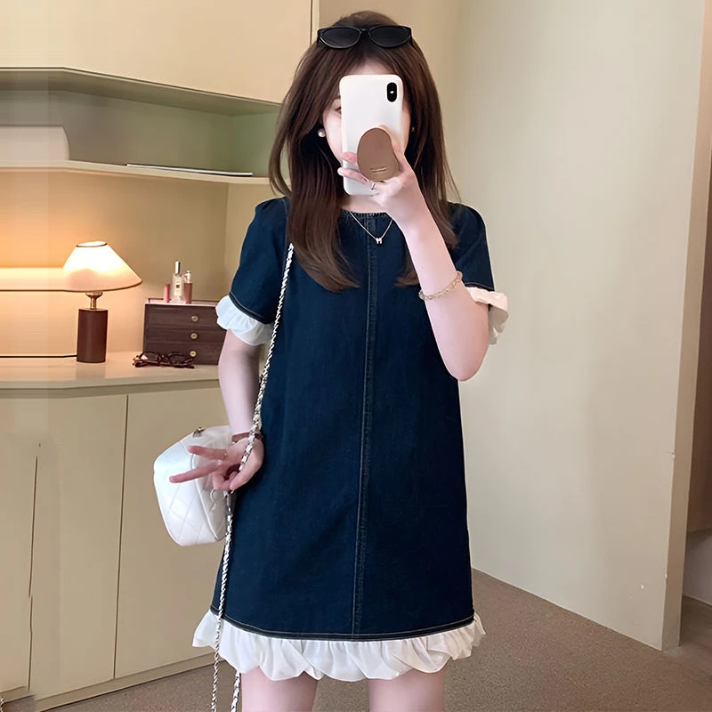 小香风拼接木耳边短袖牛仔连衣裙女2025新款夏季宽松显瘦休闲短裙