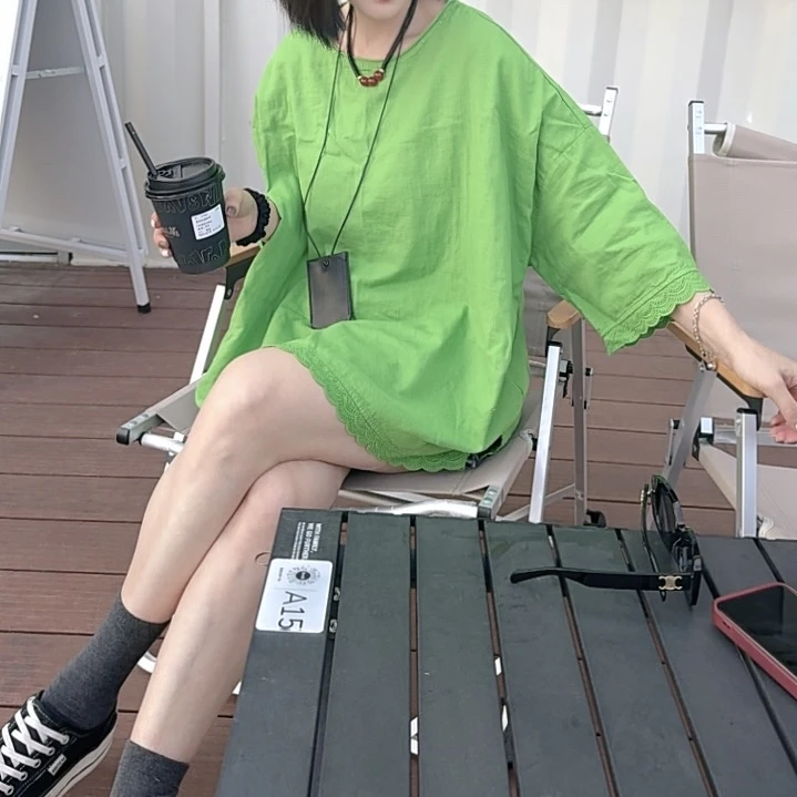 夏季新款时尚百搭欧版花边短袖套头衬衣7425