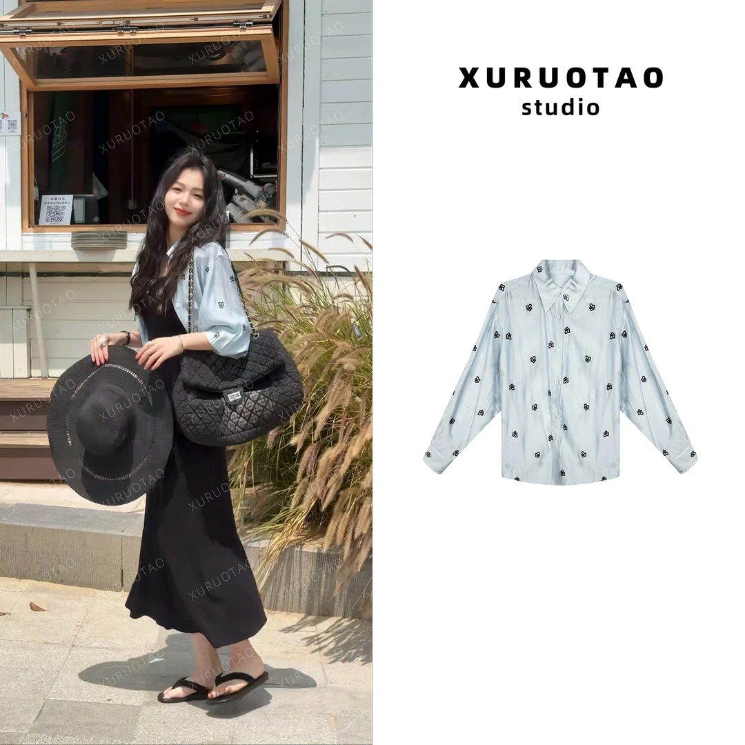 XURUOTAO 【济州岛】花朵印花设计感显瘦时尚蓝色长袖衬衫 T5012